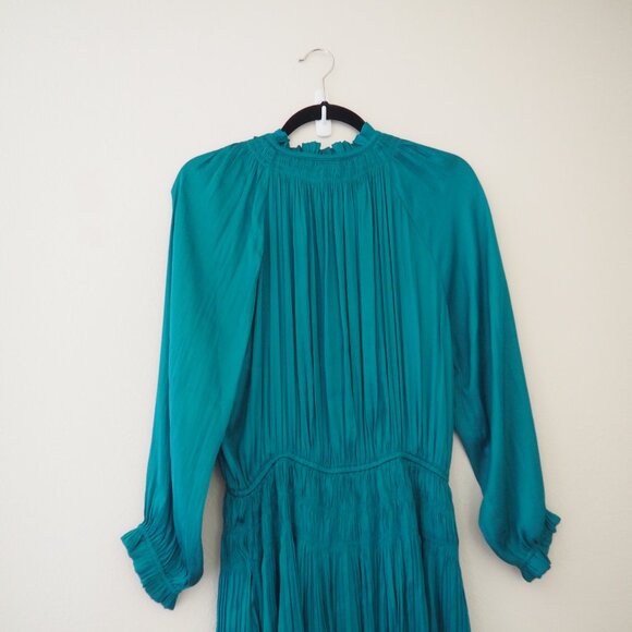* Anthropologie Current Air Teal Satin Samantha Smocked Long Sleeve Mini Dress - Picture 10 of 11